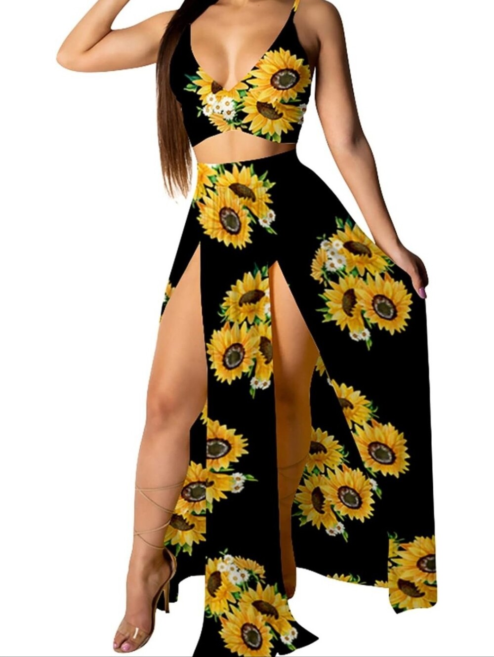 Sunflower Print Black Two Piece Set
